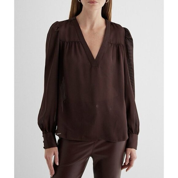 Express Tops - Express Women's Satin Top Size XS Brown Striped V-Neck Cuff Sleeve NWT $58